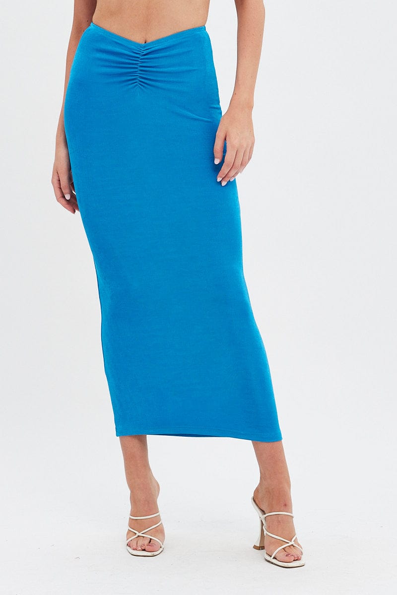 Blue Ruched Midi Skirt | Ally Fashion