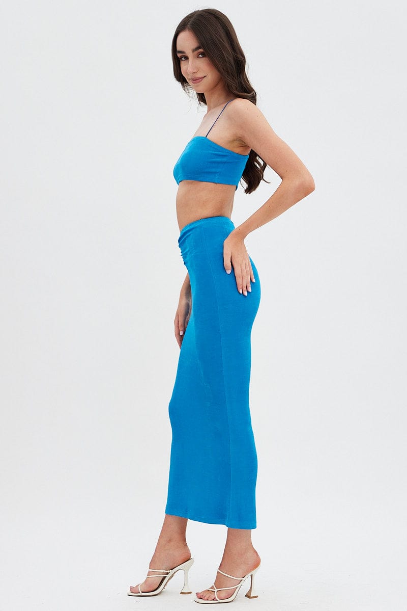 Blue Ruched Midi Skirt for Ally Fashion