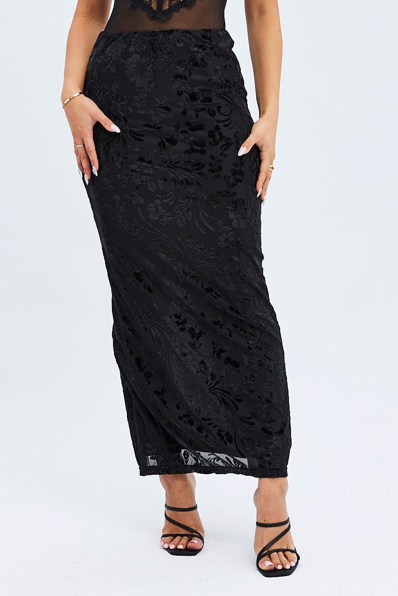 Black Maxi Skirt Pencil High Rise Burn Out | Ally Fashion