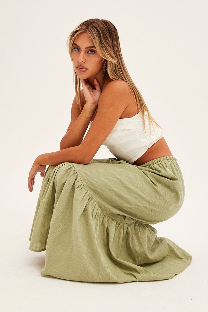 Green Midi Skirt Tiered Textured Thin Tie Waist for Ally Fashion