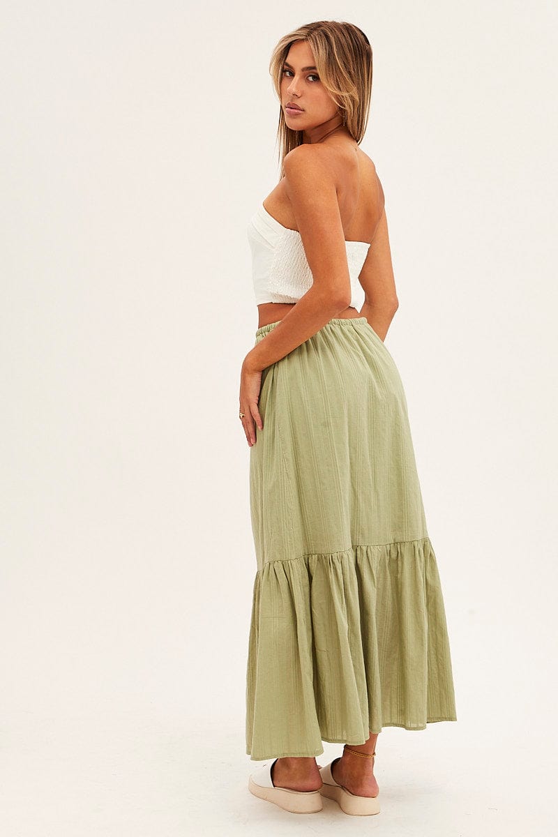 Green Midi Skirt Tiered Textured Thin Tie Waist for Ally Fashion