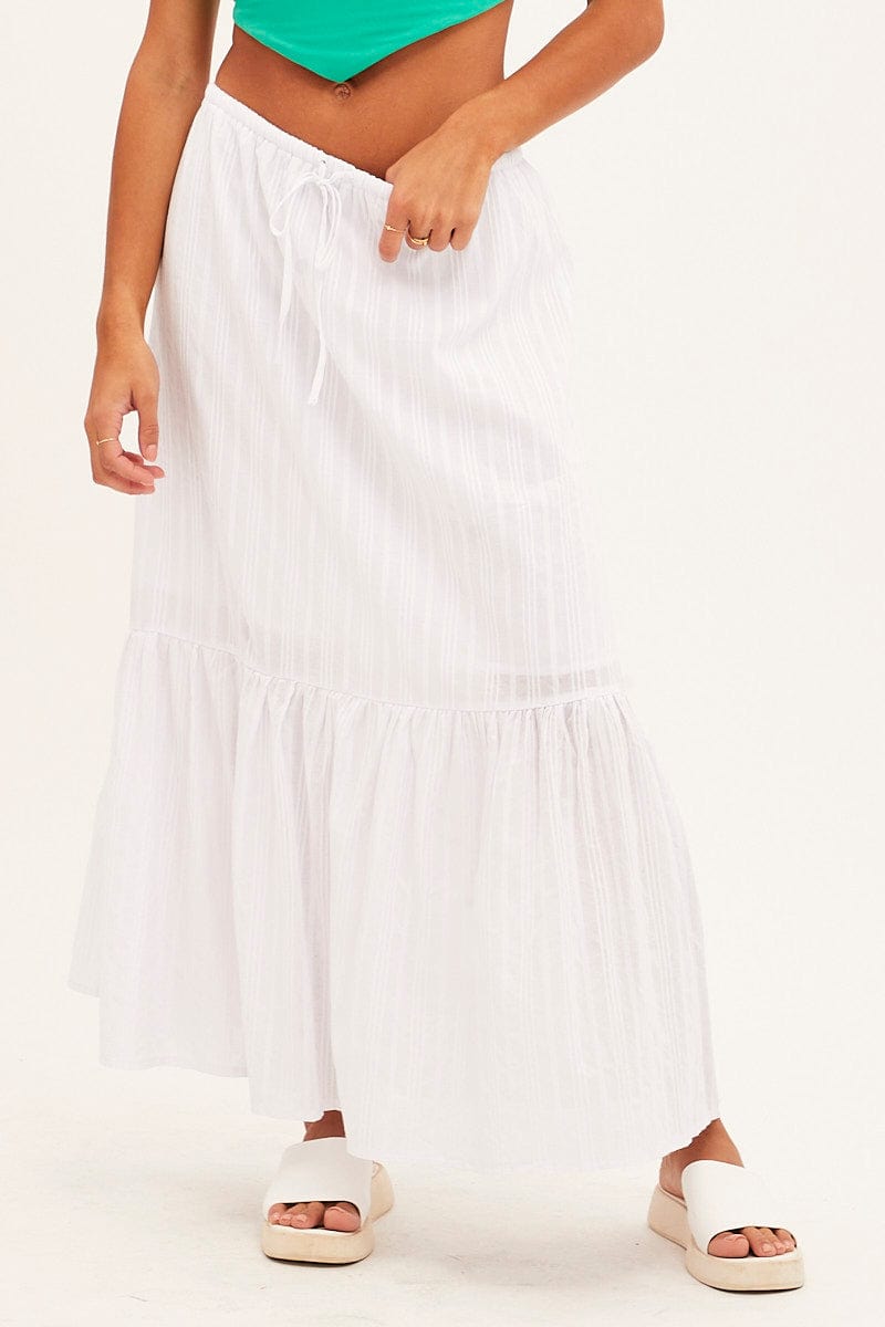 White Midi Skirt Tiered Textured Thin Tie Waist for Ally Fashion