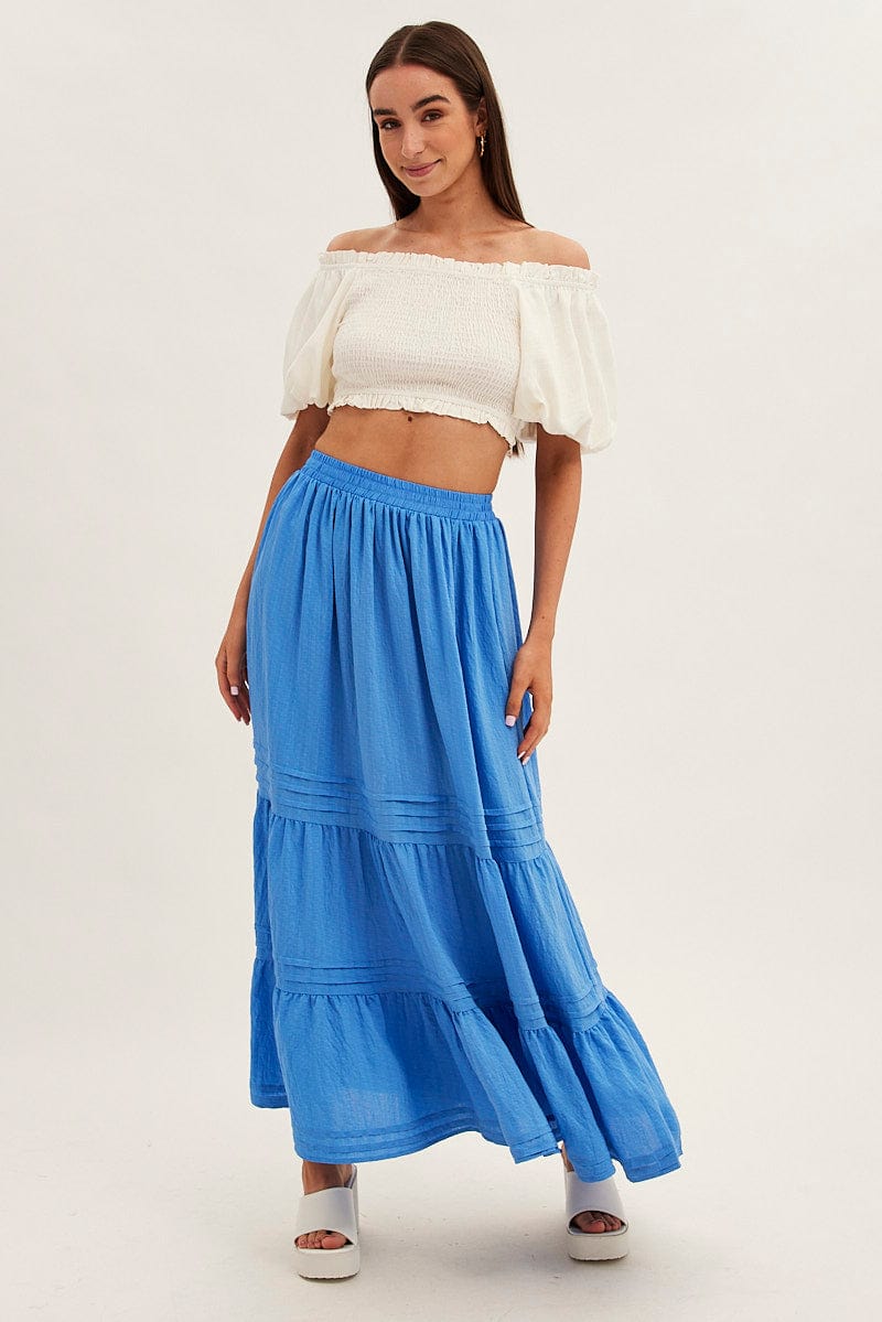 Blue Pleated Tiered Elastic Waist Maxi Skirt for Ally Fashion