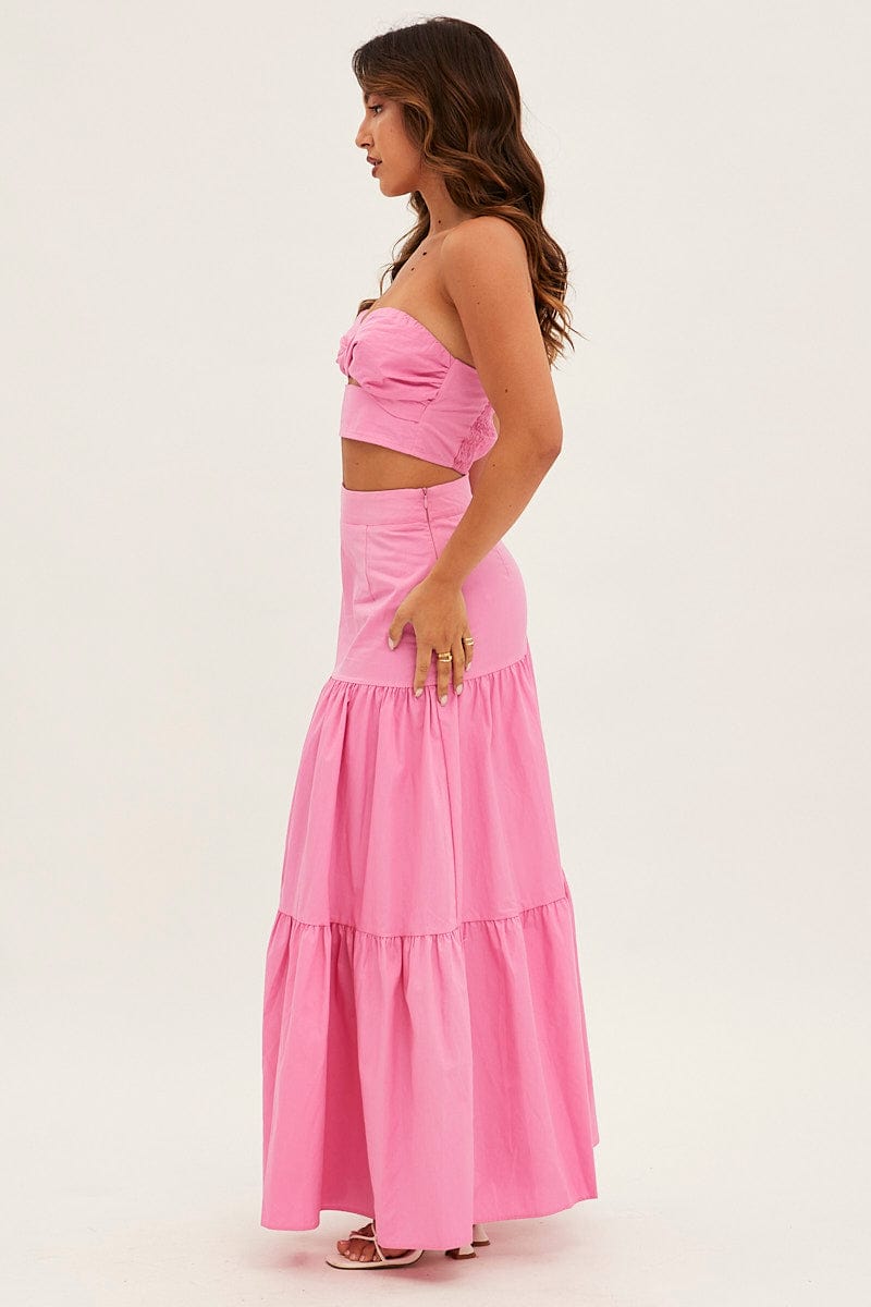 Pink Maxi Skirt High Rise Tiered for Ally Fashion