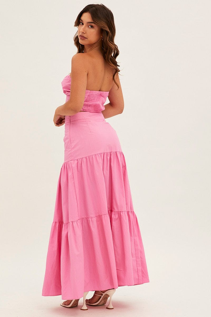 Pink Maxi Skirt High Rise Tiered for Ally Fashion