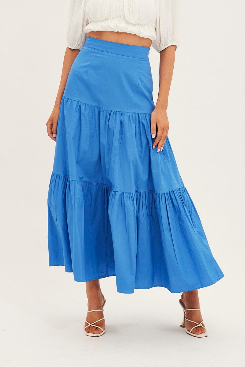 Blue Maxi Skirt High Rise Tiered | Ally Fashion