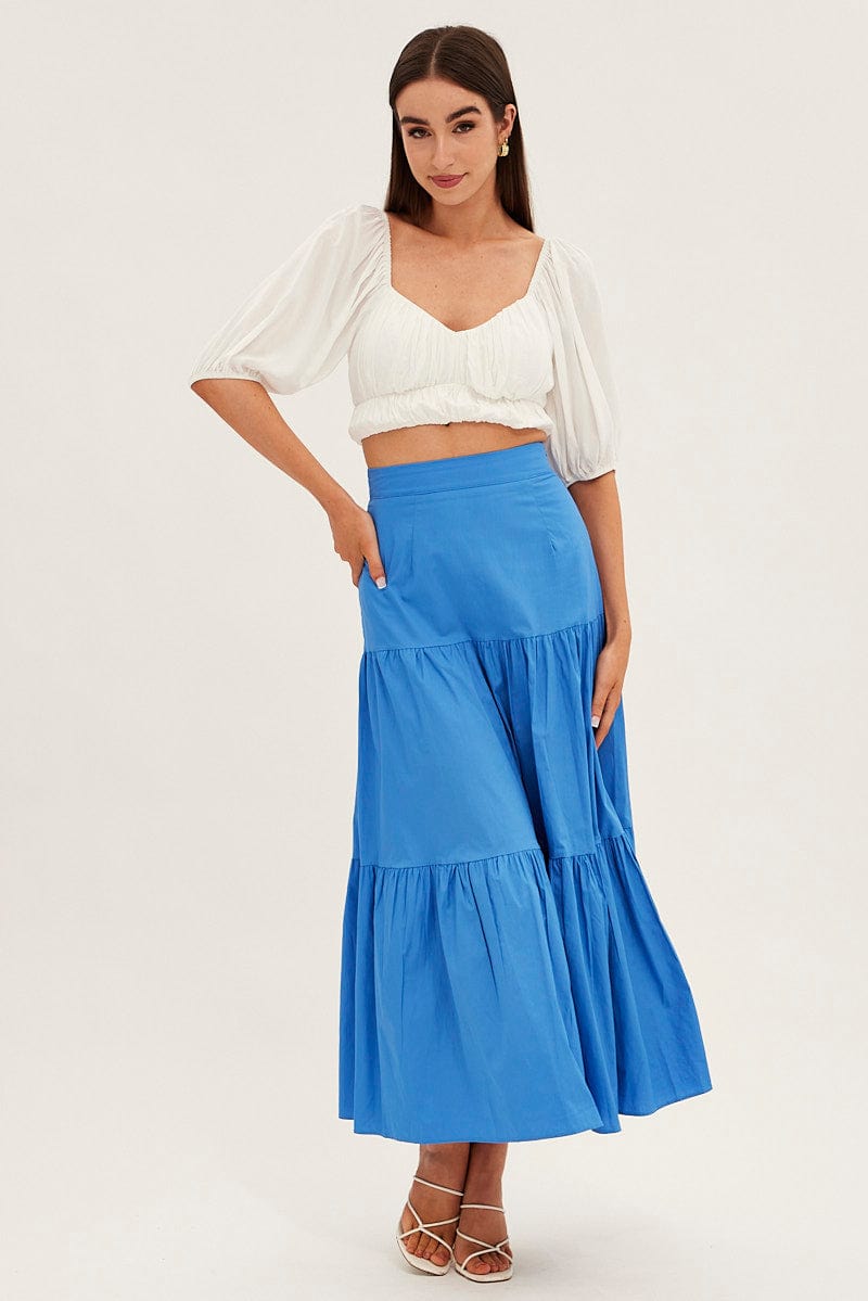 Blue Maxi Skirt High Rise Tiered | Ally Fashion