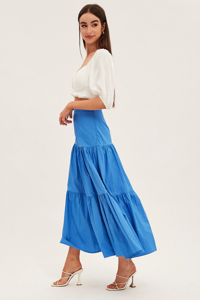 Blue Maxi Skirt High Rise Tiered for Ally Fashion