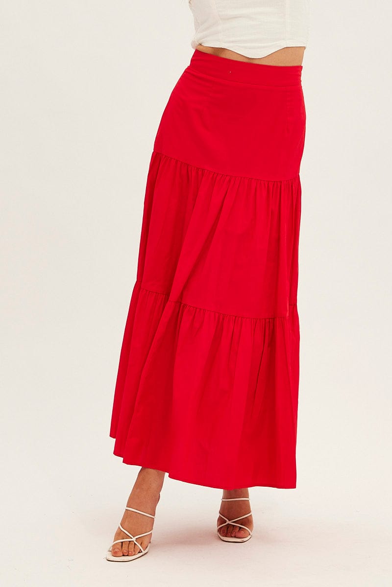 Red Maxi Skirt High Rise Tiered for Ally Fashion