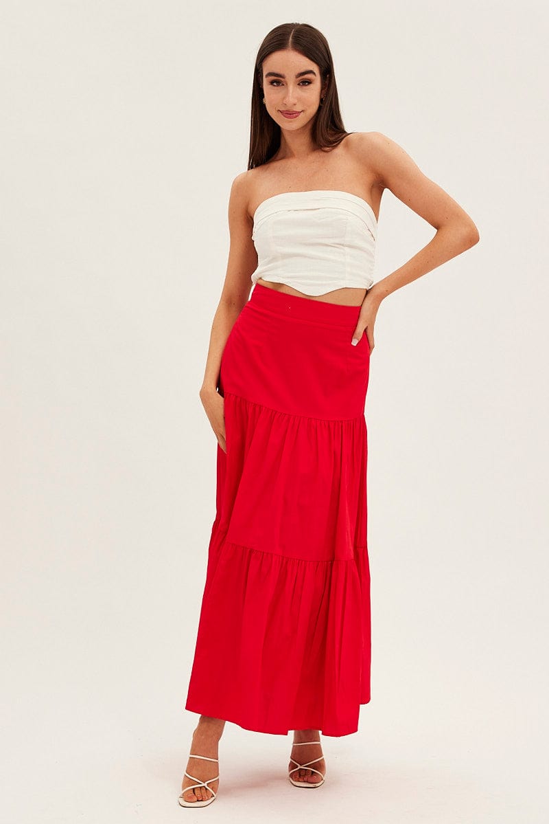 Red Maxi Skirt High Rise Tiered for Ally Fashion