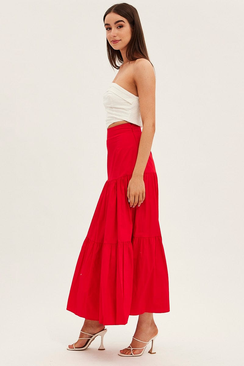Red Maxi Skirt High Rise Tiered for Ally Fashion