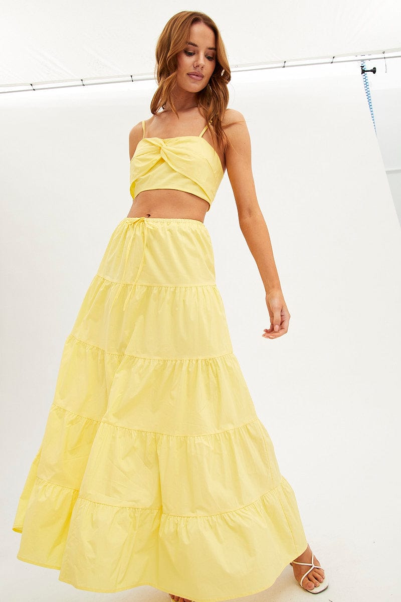 Yellow Maxi Skirt Elastic Waist Tiered for Ally Fashion