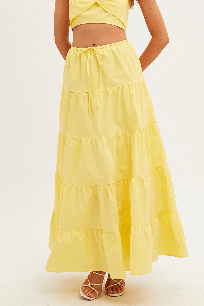 Yellow Maxi Skirt Elastic Waist Tiered for Ally Fashion