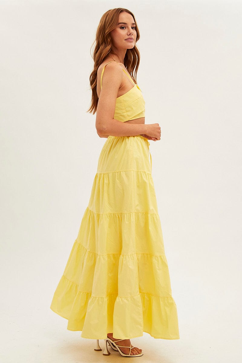 Yellow Maxi Skirt Elastic Waist Tiered for Ally Fashion