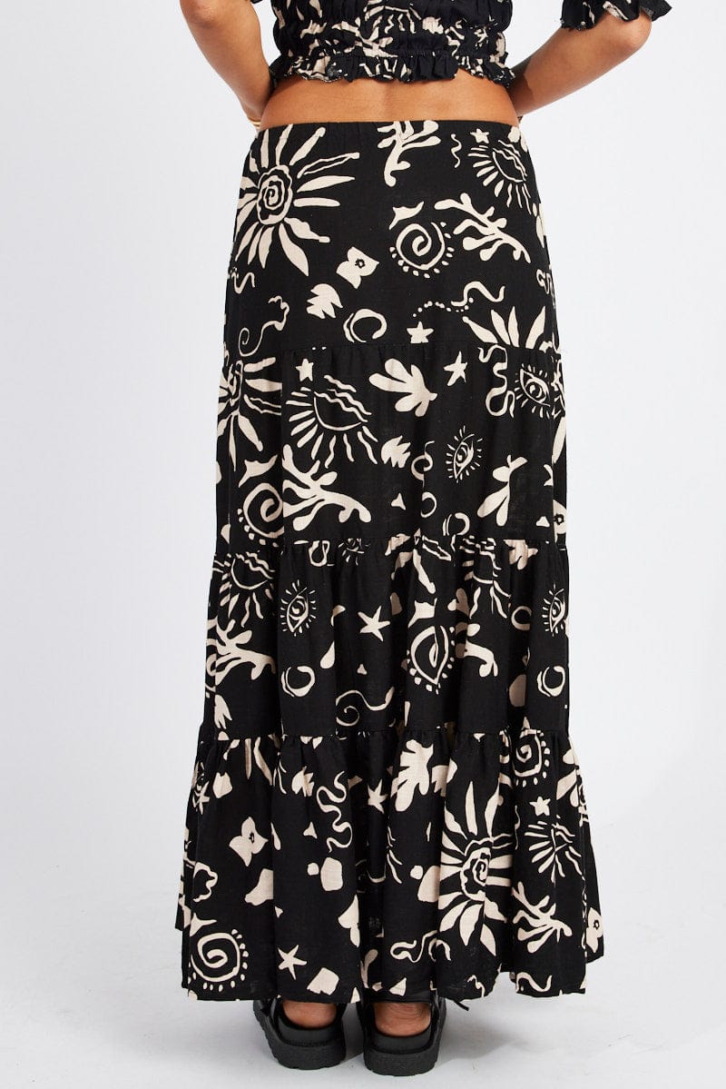 Black Abstract Maxi Skirt High Rise Linen Blend for Ally Fashion