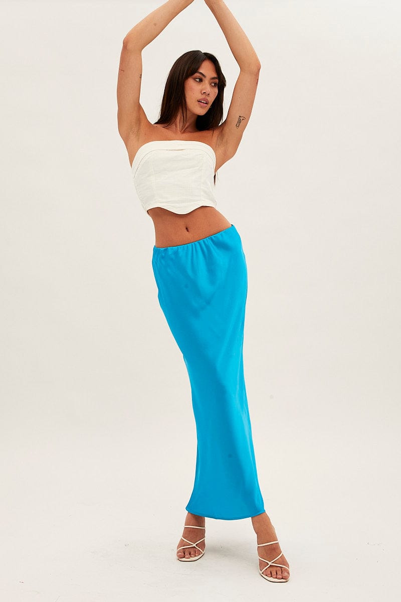 Blue Slip Skirt Maxi High Rise Satin for Ally Fashion