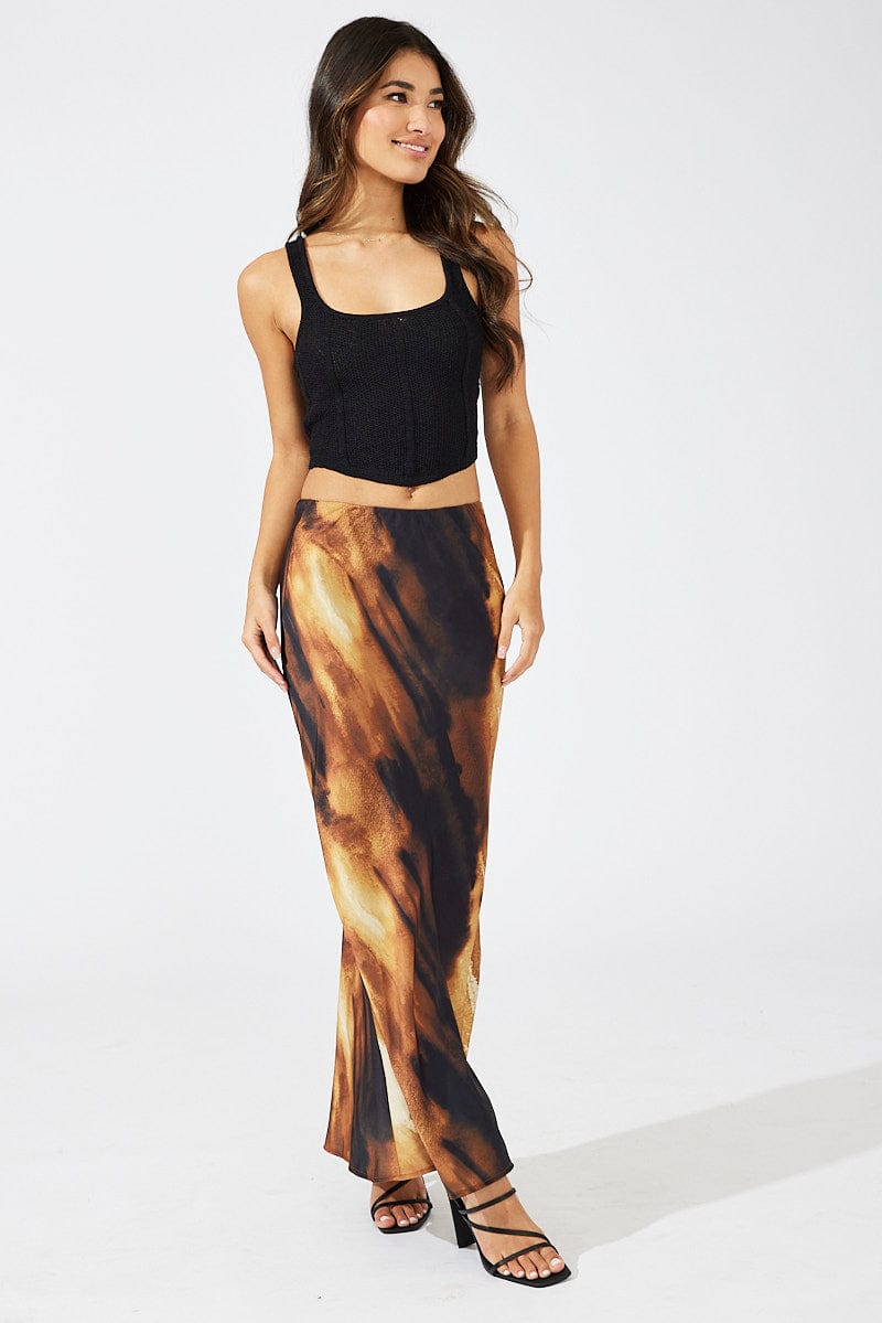 Brown Abstract Slip Skirt Maxi Satin for Ally Fashion