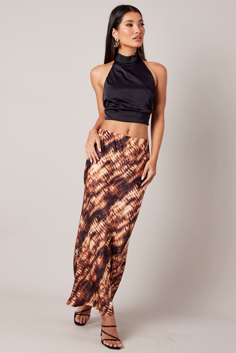 Brown Abstract Slip Skirt Maxi Satin for Ally Fashion