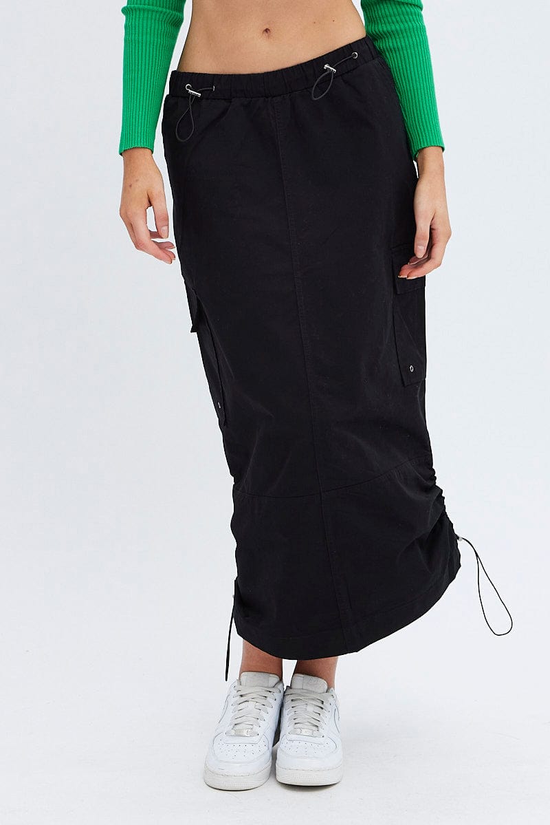 Black Parachute Cargo Skirt Low Rise Midi | Ally Fashion