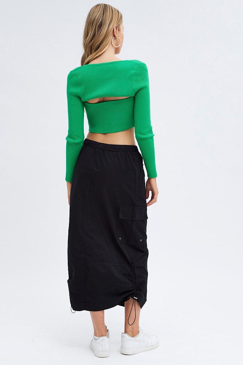 Black Parachute Cargo Skirt Low Rise Midi for Ally Fashion