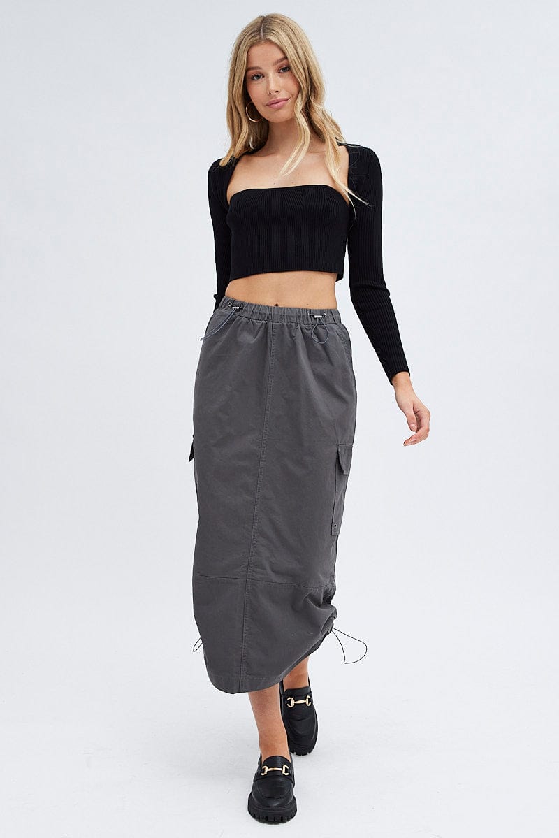 Grey Parachute Cargo Skirt Low Rise Midi | Ally Fashion