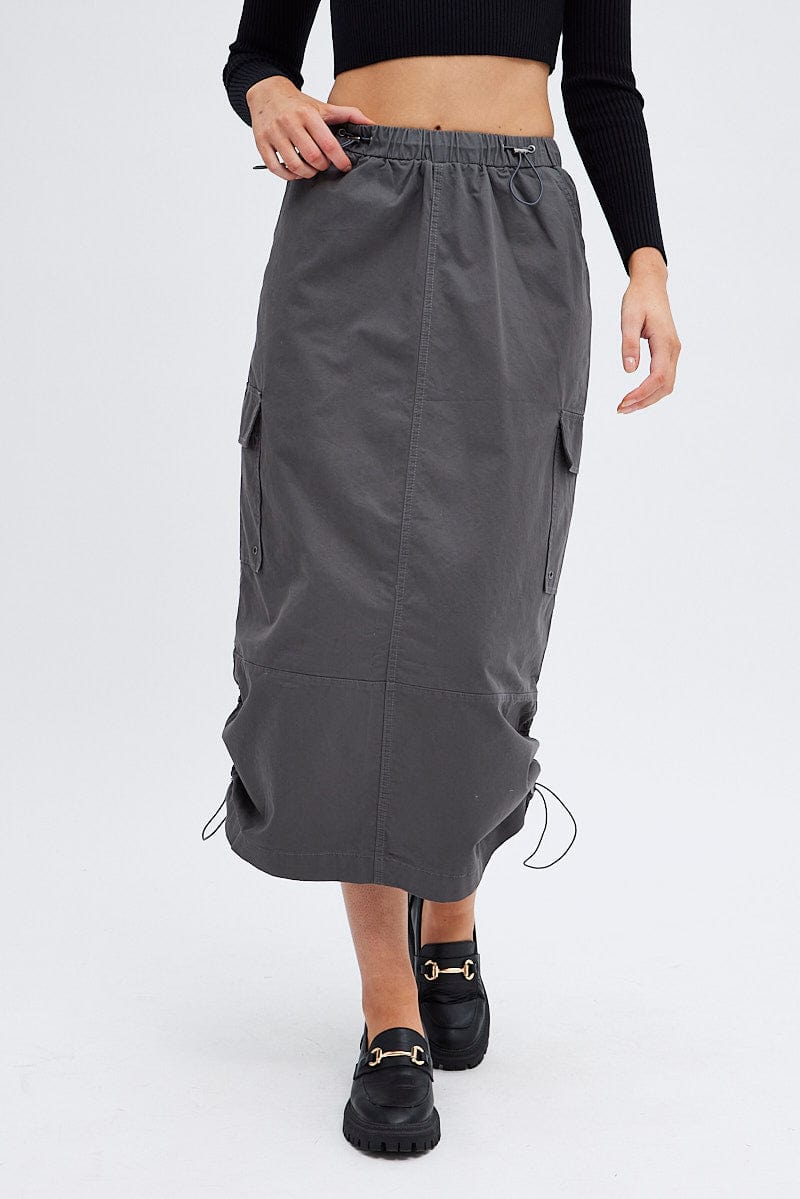 Grey Parachute Cargo Skirt Low Rise Midi for Ally Fashion