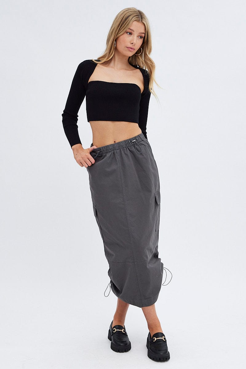 Grey Parachute Cargo Skirt Low Rise Midi for Ally Fashion