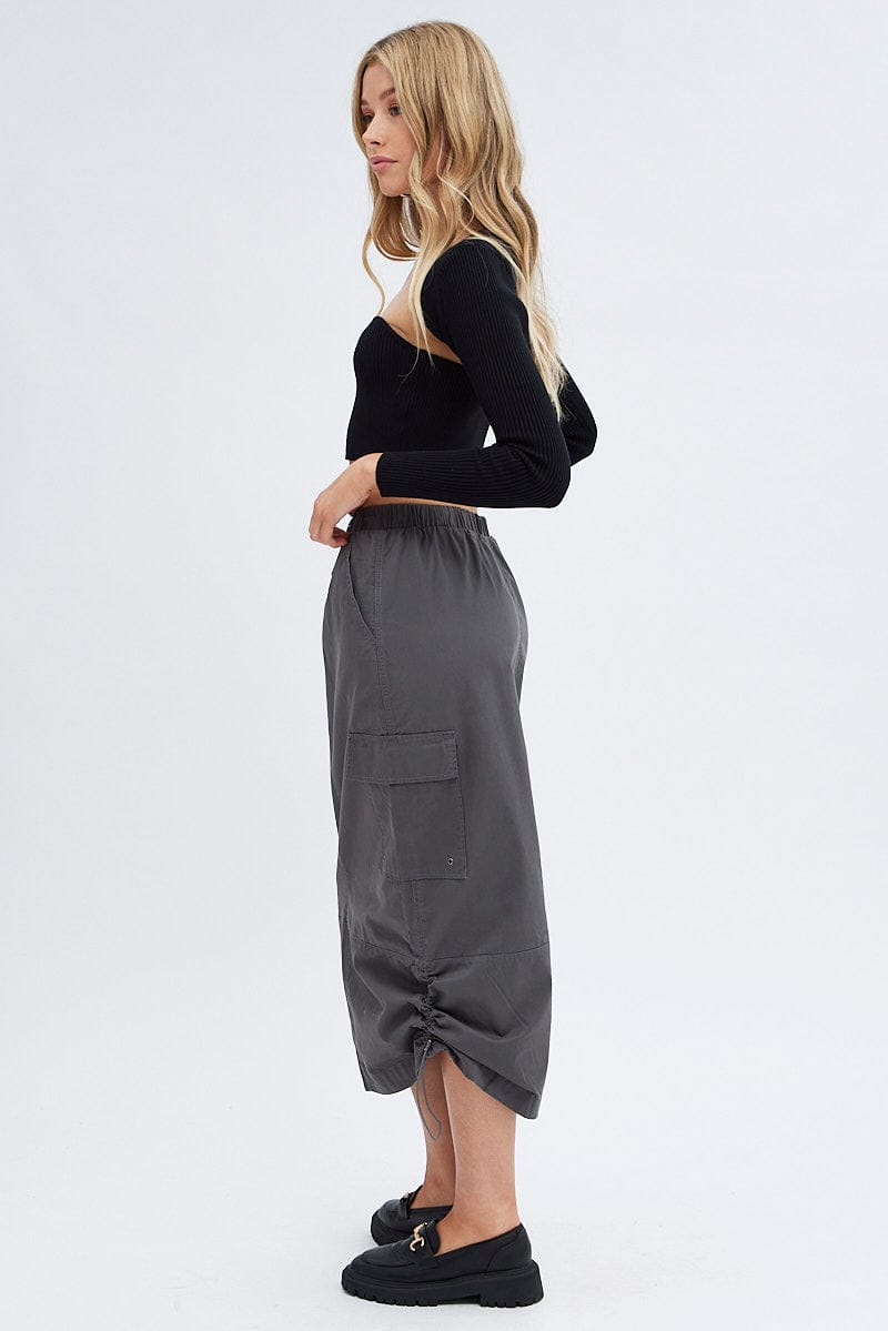 Grey Parachute Cargo Skirt Low Rise Midi for Ally Fashion