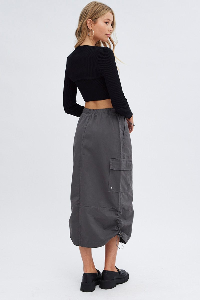 Grey Parachute Cargo Skirt Low Rise Midi for Ally Fashion