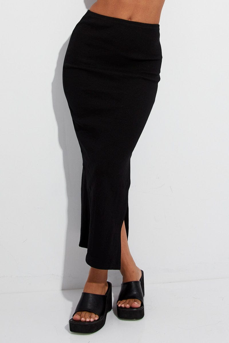 Black Maxi Skirt Mid Rise Rib Jersey for Ally Fashion