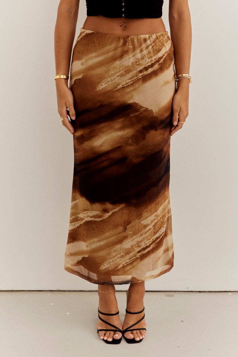 Brown Abstract Maxi Skirt High Rise Mesh for Ally Fashion