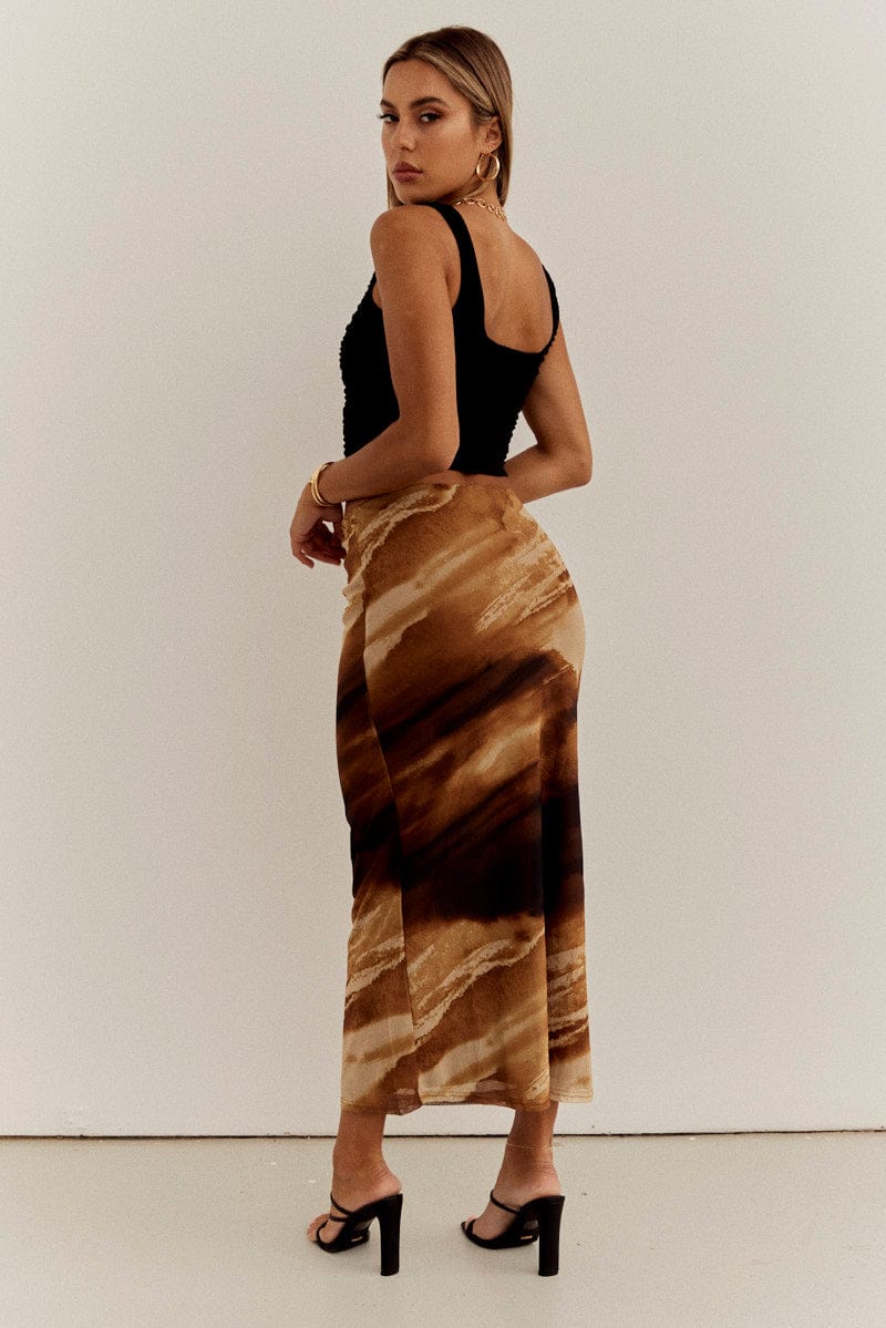 Brown Abstract Maxi Skirt High Rise Mesh for Ally Fashion