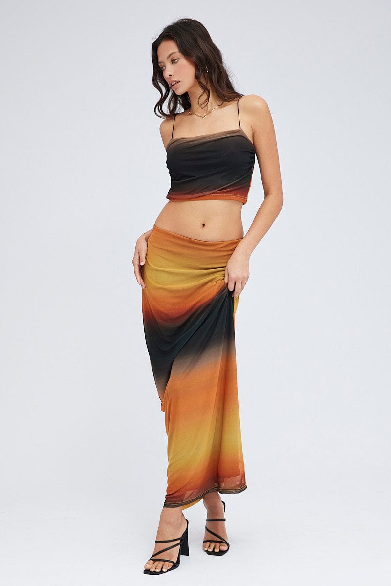 Brown Abstract Maxi Skirt Pencil High Rise Mesh for Ally Fashion