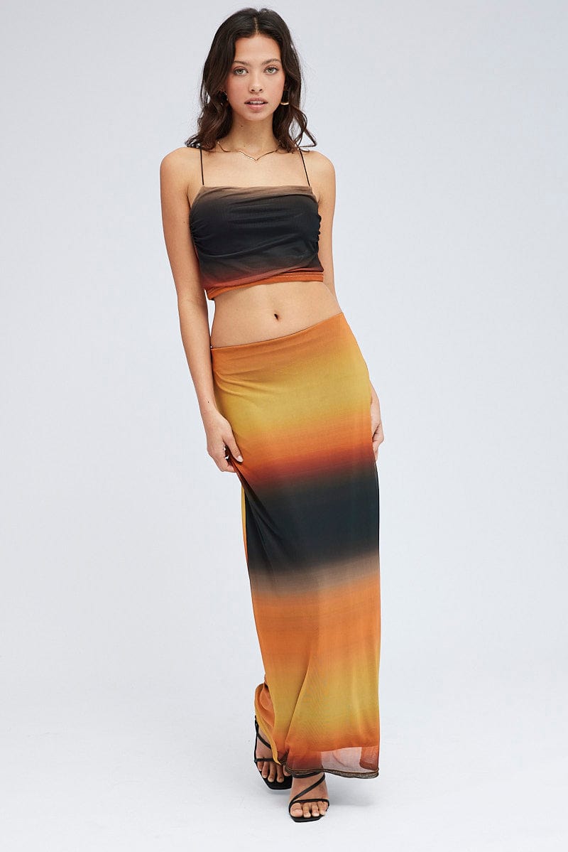 Brown Abstract Maxi Skirt Pencil High Rise Mesh for Ally Fashion