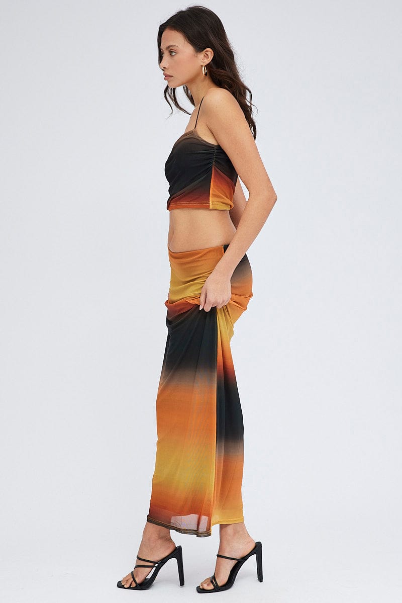 Brown Abstract Maxi Skirt Pencil High Rise Mesh for Ally Fashion