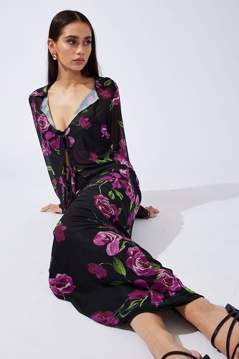 Black Floral Maxi Skirt High Rise Mesh for Ally Fashion