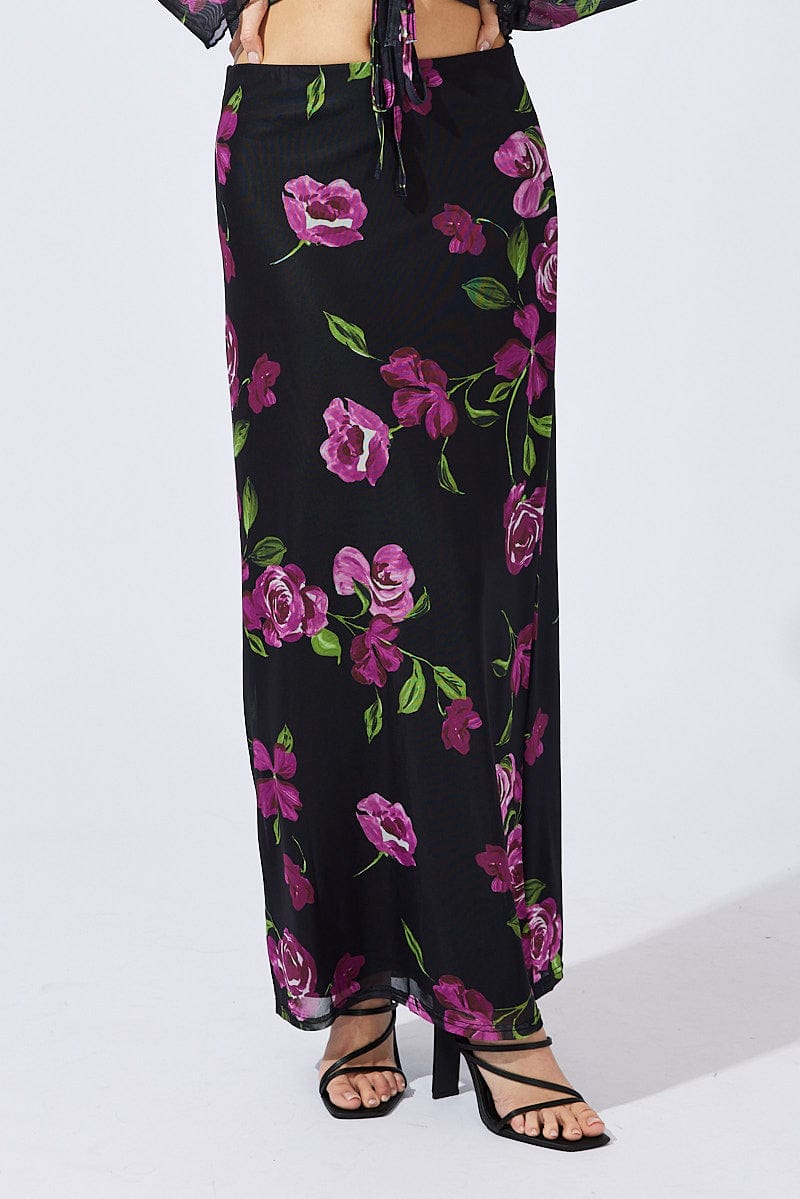 Black Floral Maxi Skirt High Rise Mesh for Ally Fashion