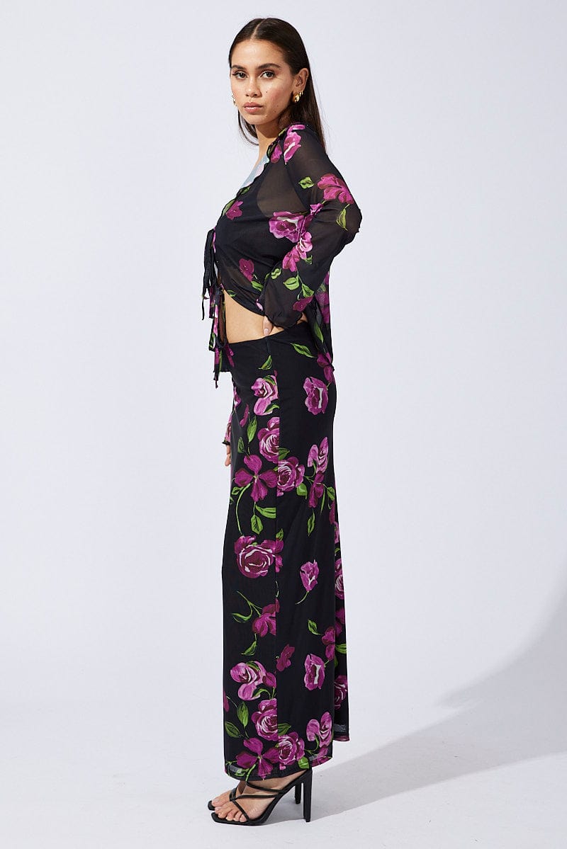 Black Floral Maxi Skirt High Rise Mesh for Ally Fashion