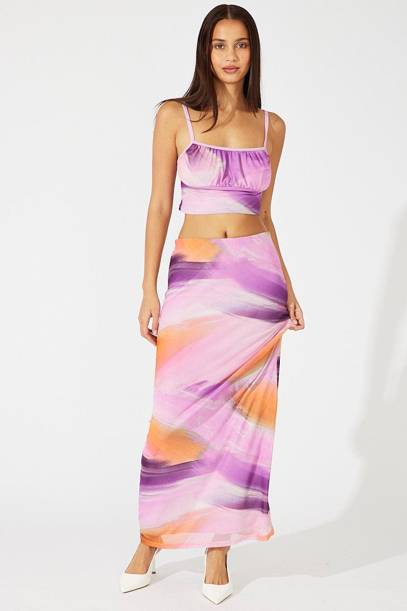 Pink Abstract Maxi Skirt High Rise Mesh for Ally Fashion