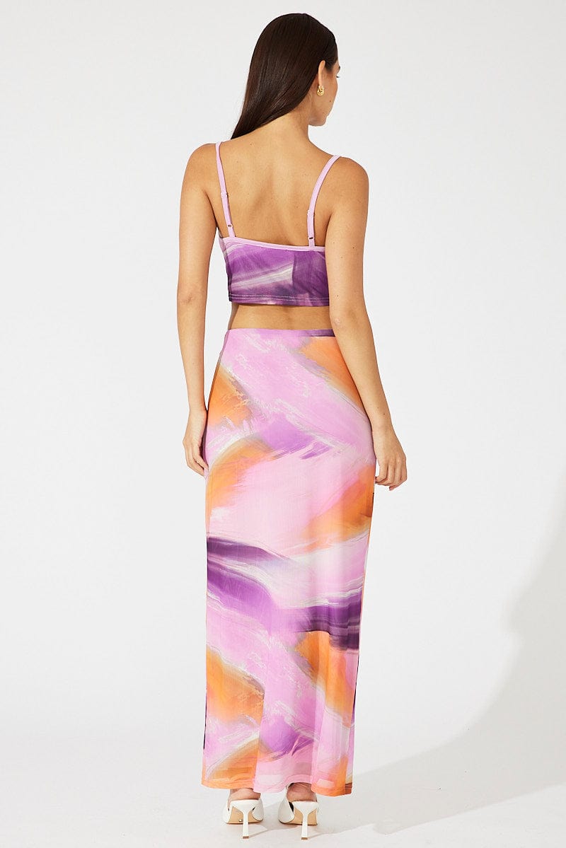 Pink Abstract Maxi Skirt High Rise Mesh for Ally Fashion