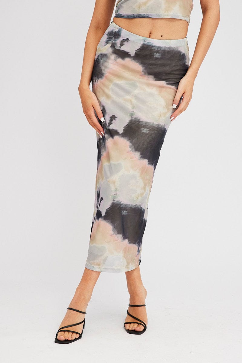 Brown Abstract Maxi Skirt High Rise Mesh for Ally Fashion