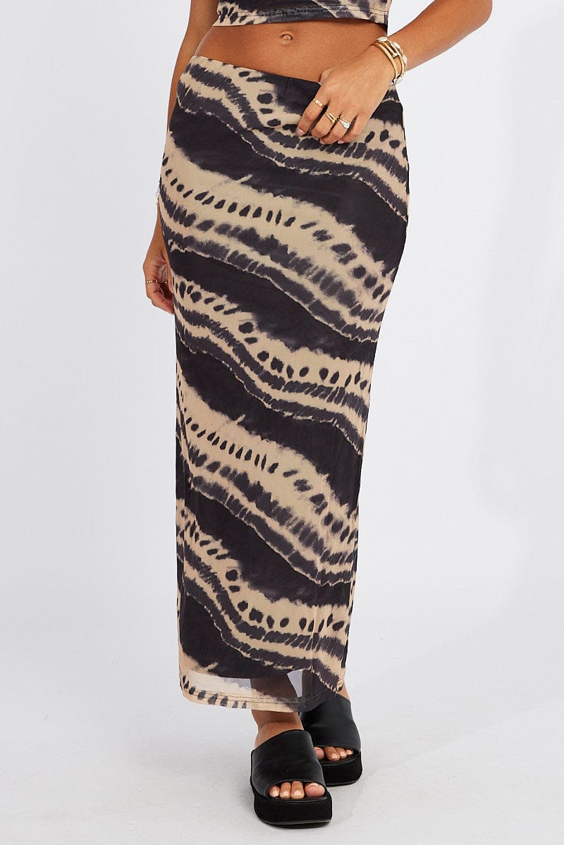 Brown Abstract Maxi Skirt High Rise Mesh for Ally Fashion