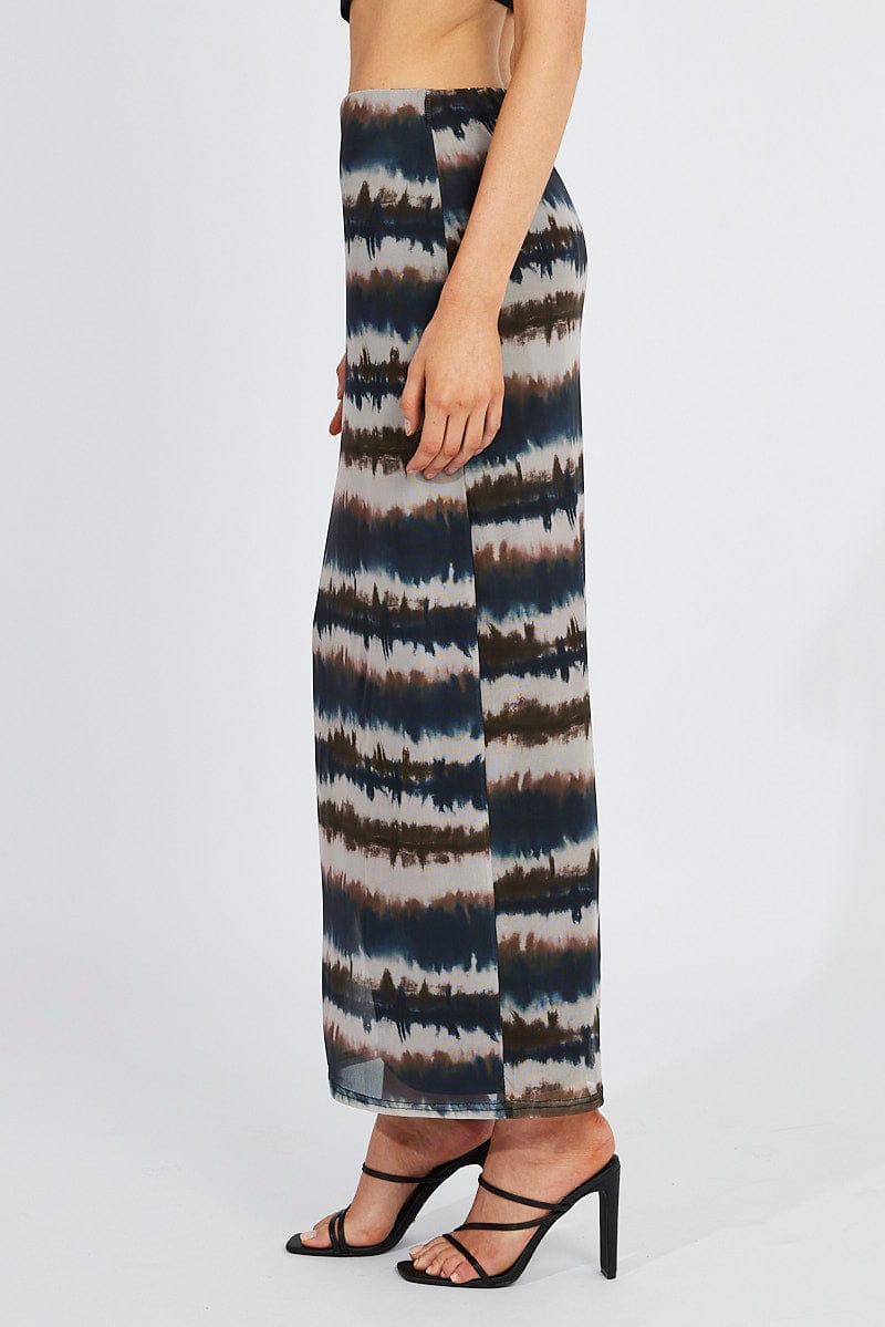 Brown Abstract Maxi Skirt High Rise Mesh for Ally Fashion