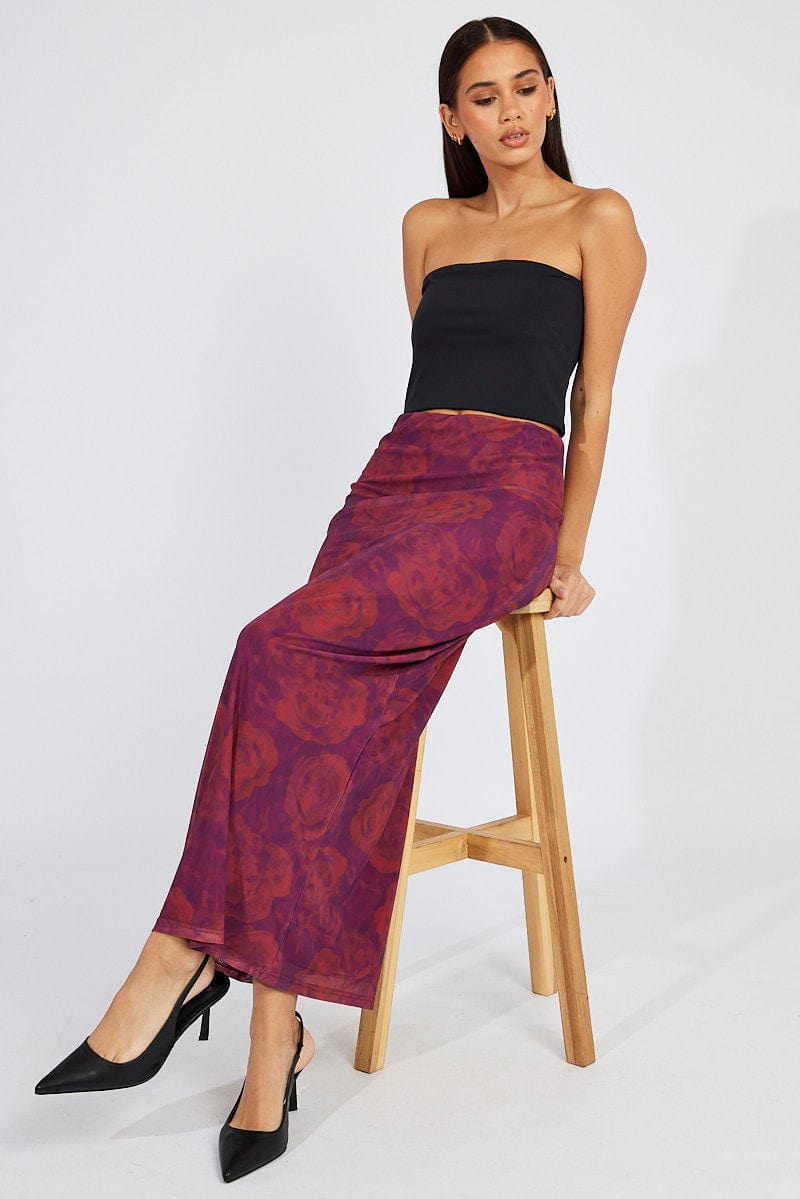 Red Floral Maxi Skirt High Rise Mesh for Ally Fashion
