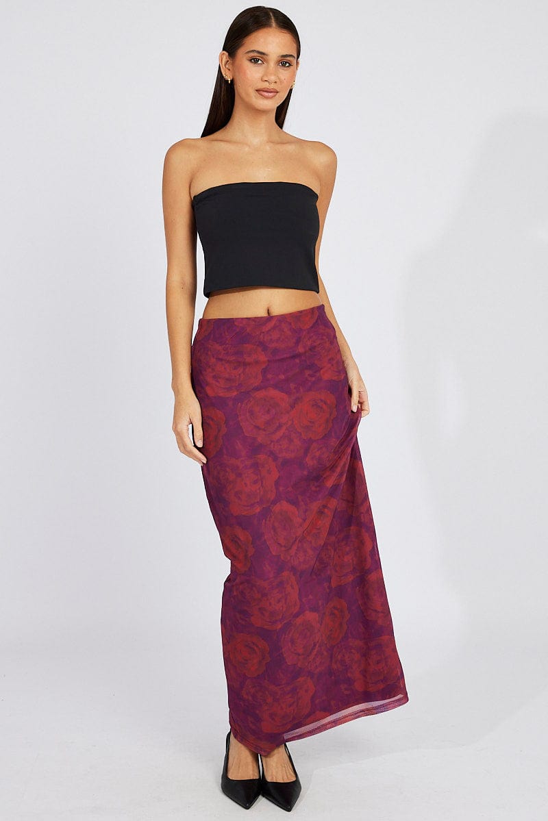 Red Floral Maxi Skirt High Rise Mesh for Ally Fashion