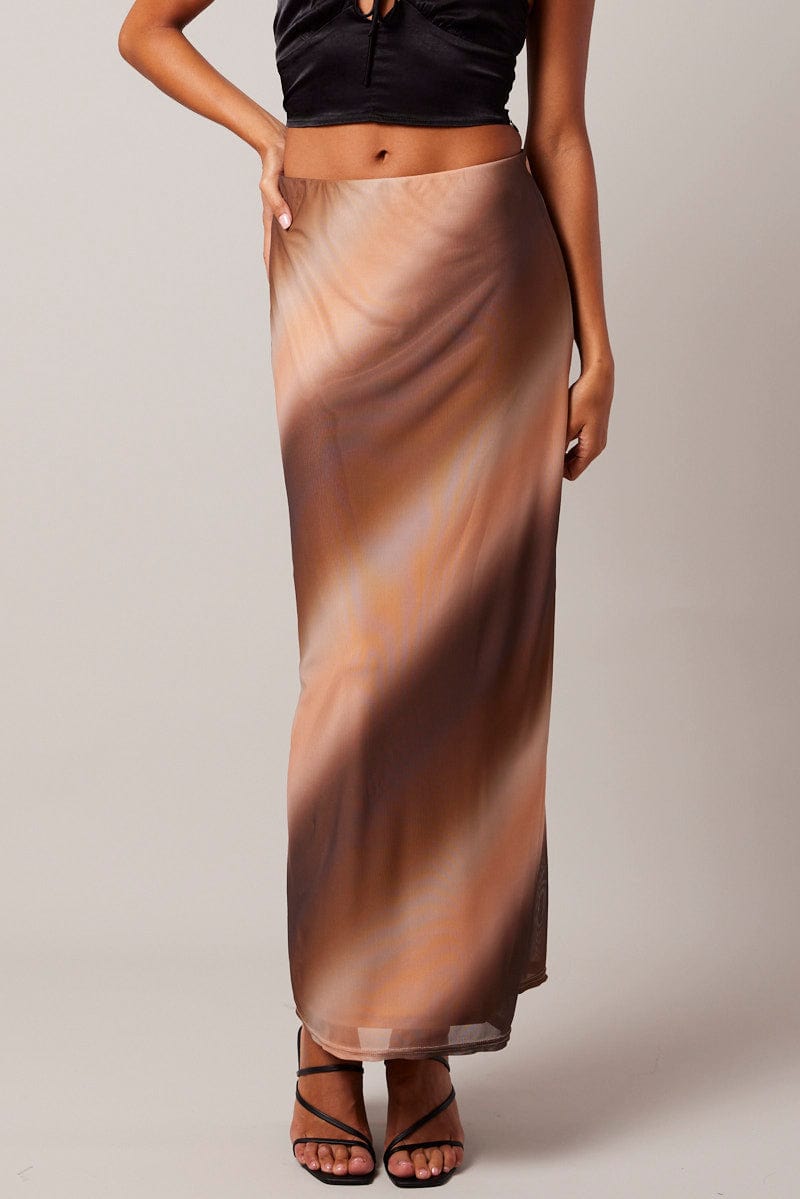 Brown Abstract Maxi Skirt High Rise Mesh for Ally Fashion