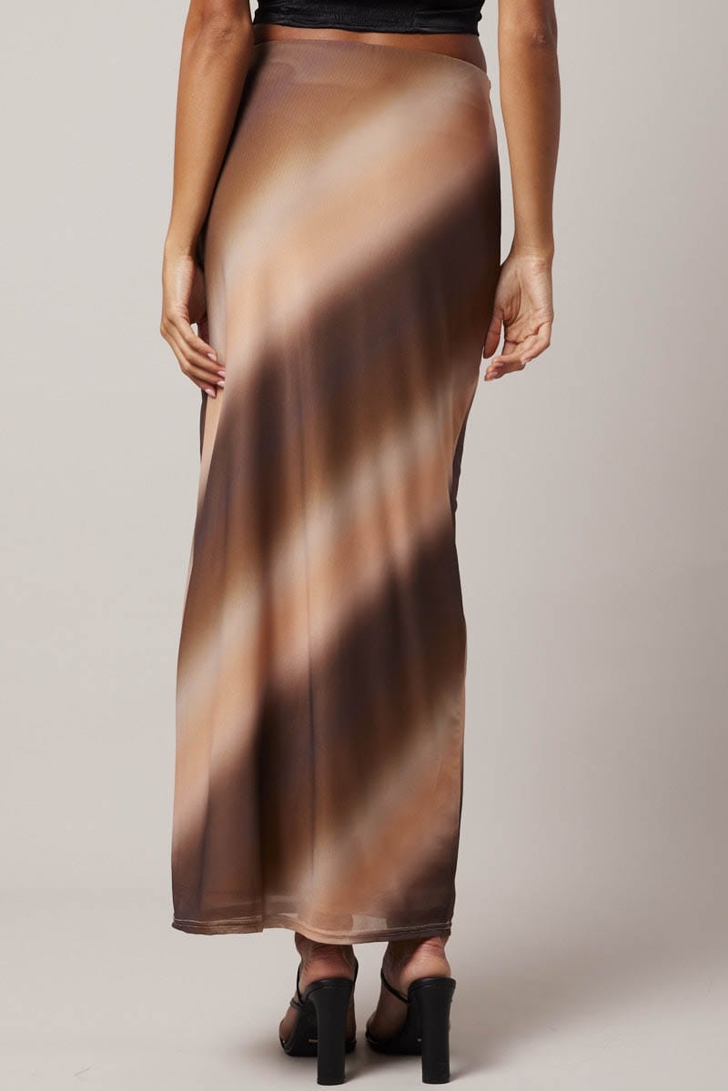 Brown Abstract Maxi Skirt High Rise Mesh for Ally Fashion