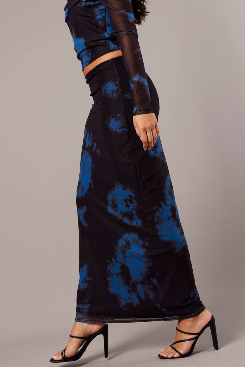 Blue Abstract Maxi Skirt High Rise Mesh for Ally Fashion