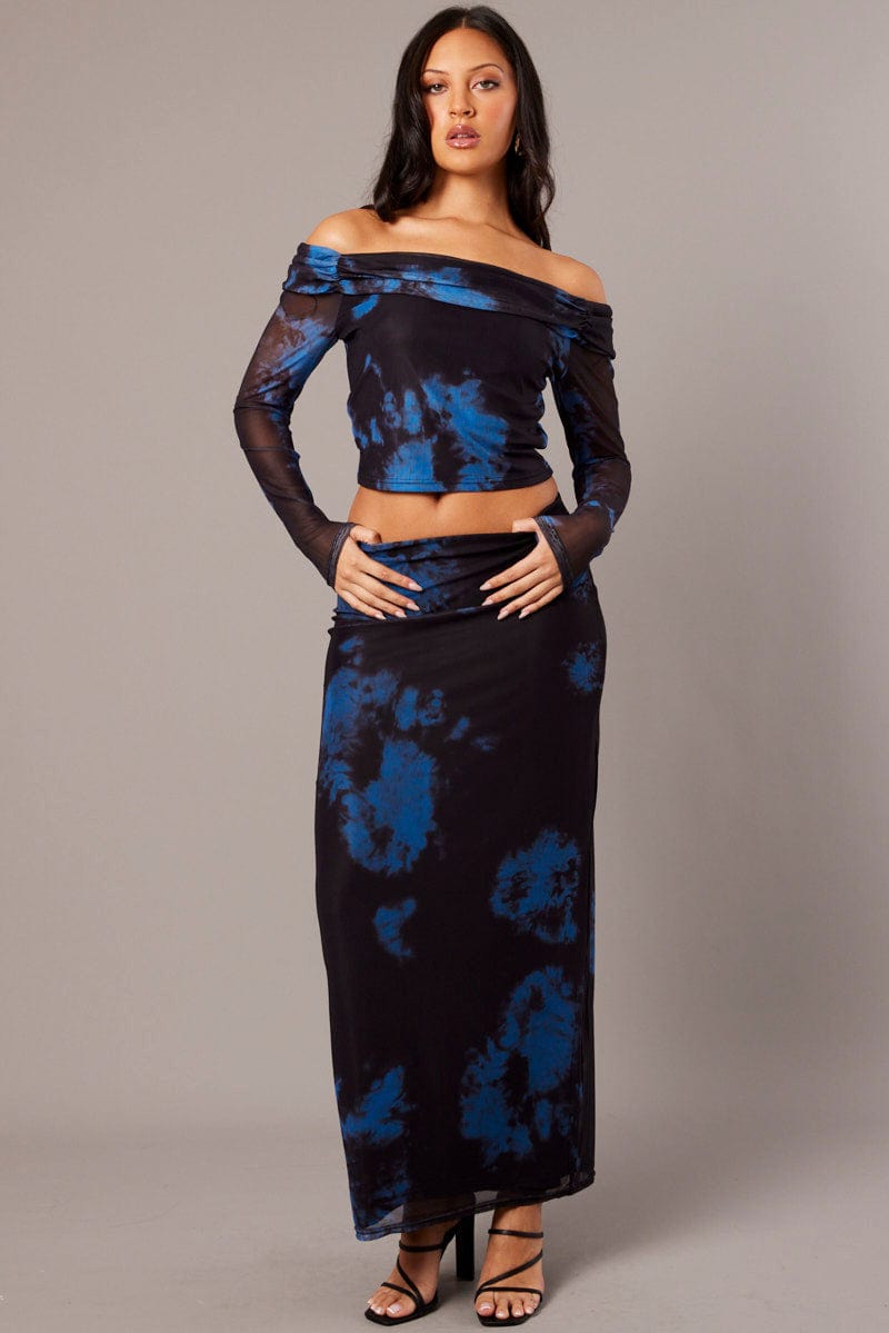 Blue Abstract Maxi Skirt High Rise Mesh for Ally Fashion