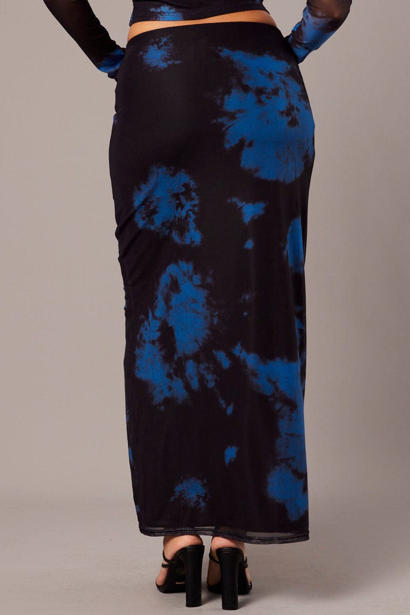 Blue Abstract Maxi Skirt High Rise Mesh for Ally Fashion